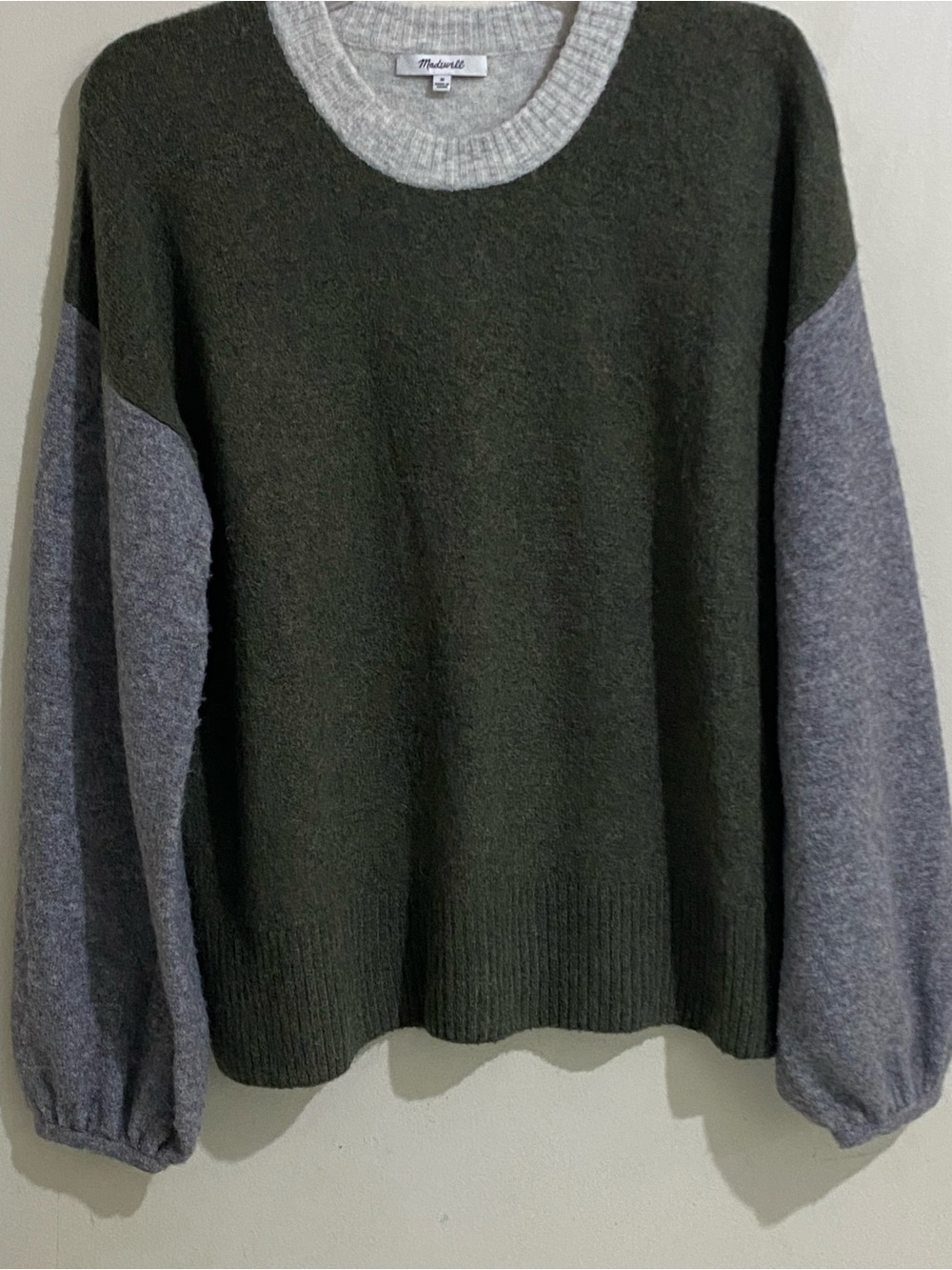 Madewell Olive Green Crewneck with Heather Gray Sleeves Long Puff Sleeves